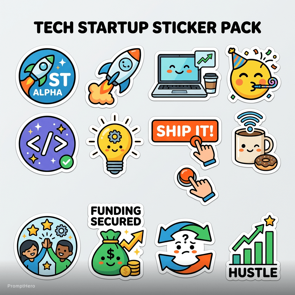 AI generated: tech startup stickers based on the uploaded logo, rocket ships, laptops, celebration emojis, modern ...