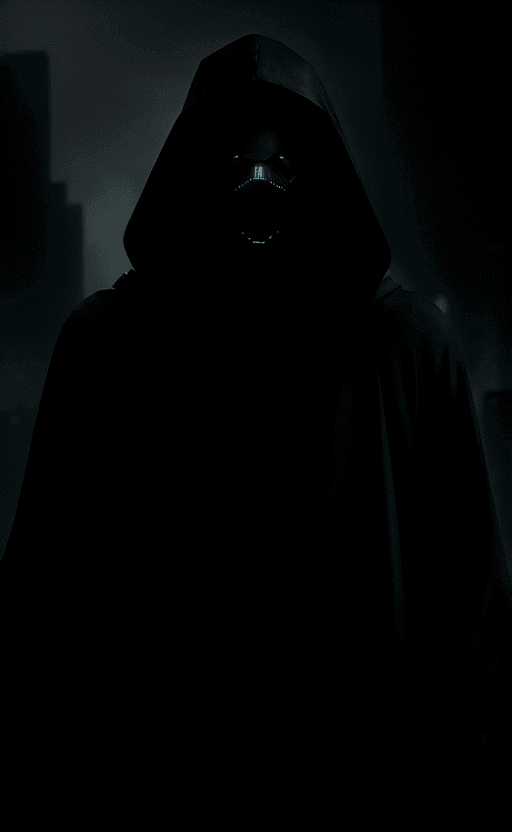 AI generated: `the face of the man in a hood is covered by pixels, in the style of dystopian cityscapes, vray, amb...