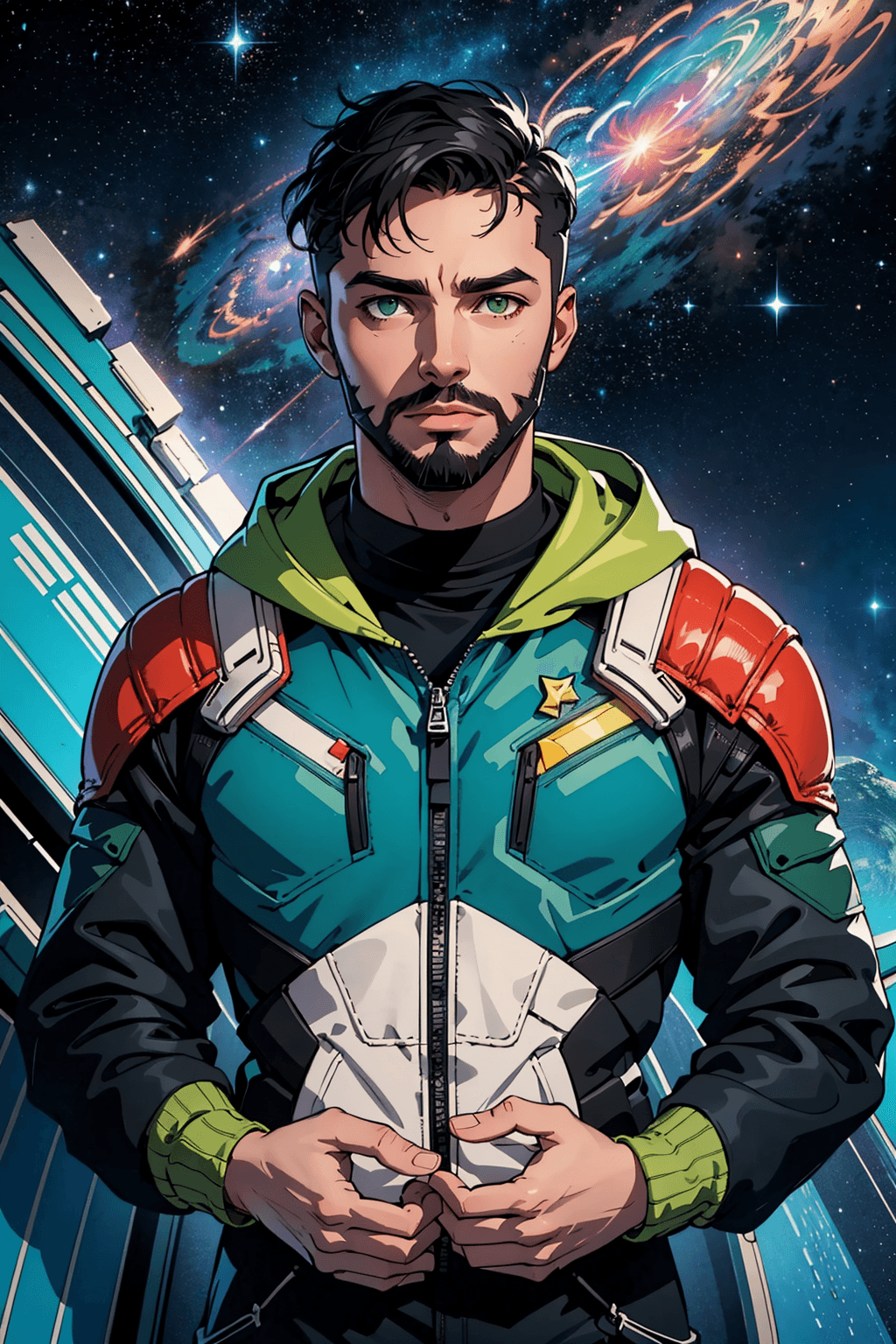 AI generated: (masterpiece),black hair, undercut hair, green bangs,wear hood, bright green eyes, thin beard, weari...