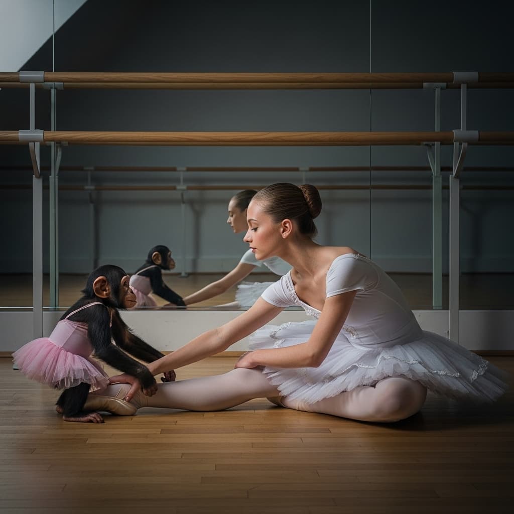AI generated: a perfect study in lighting, a beautiful, young ballerina standing on a wooden floor, in front of wa...