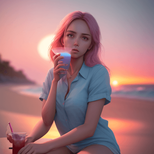 AI generated: Girl, very beautiful, a calm expression on face, sitting on the beach, in the foreground, light blue...