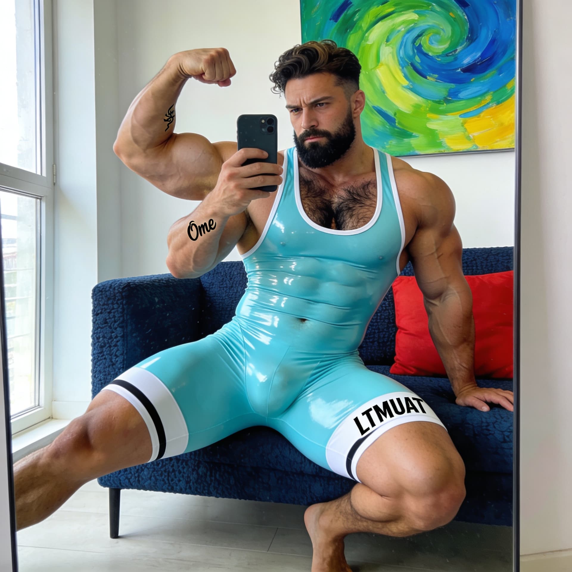 AI generated: Un homme musclé et baraqué, style bodybuilder ou powerlifter, pris en selfie miroir dans un appartem...