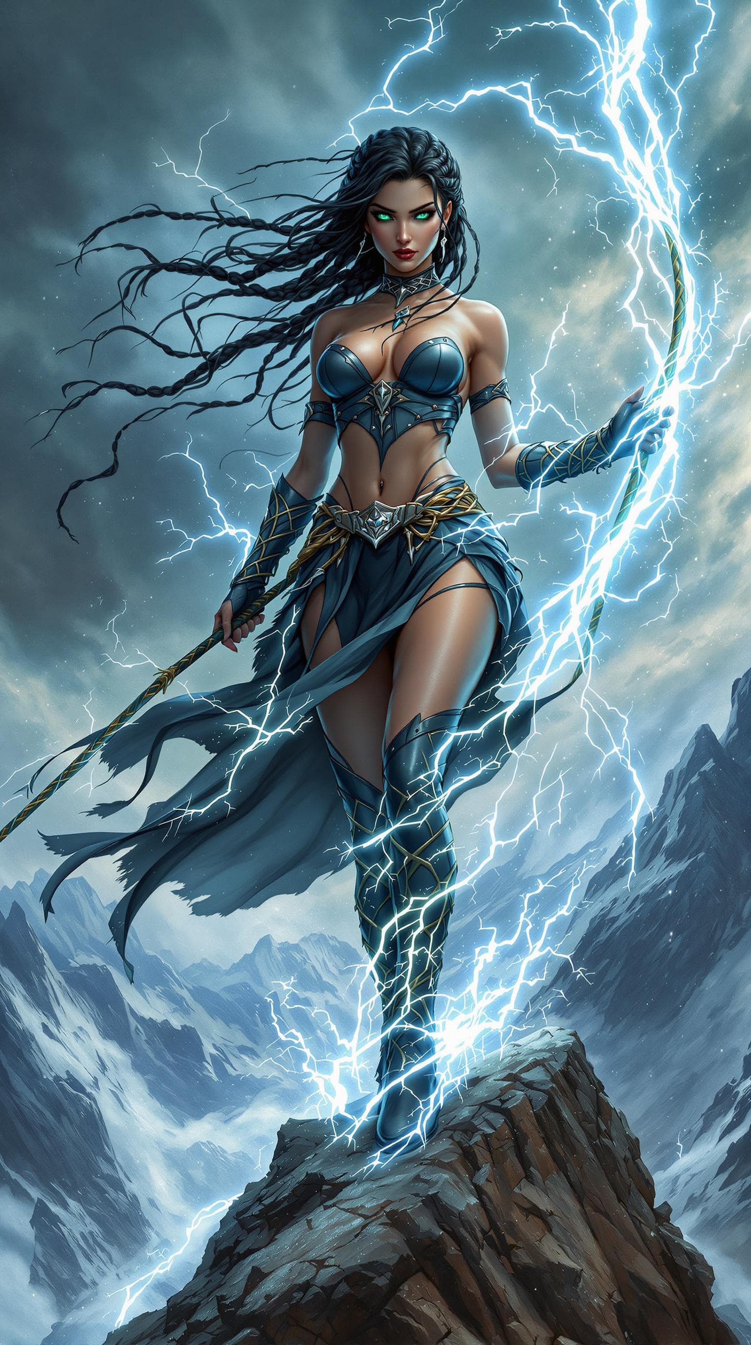 AI generated: A pretty, powerful stormcaller with an athletic build, her piercing, emerald green eyes crackling wi...