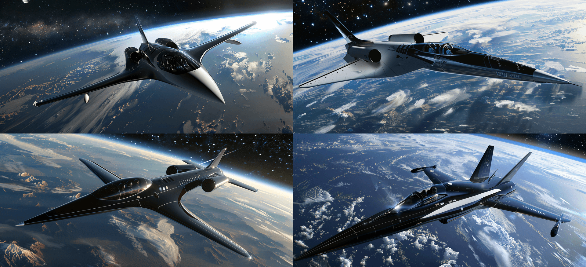 AI generated: F20 Aardvark jet in space, sleek and streamlined with black wings and white body, flying above Earth...