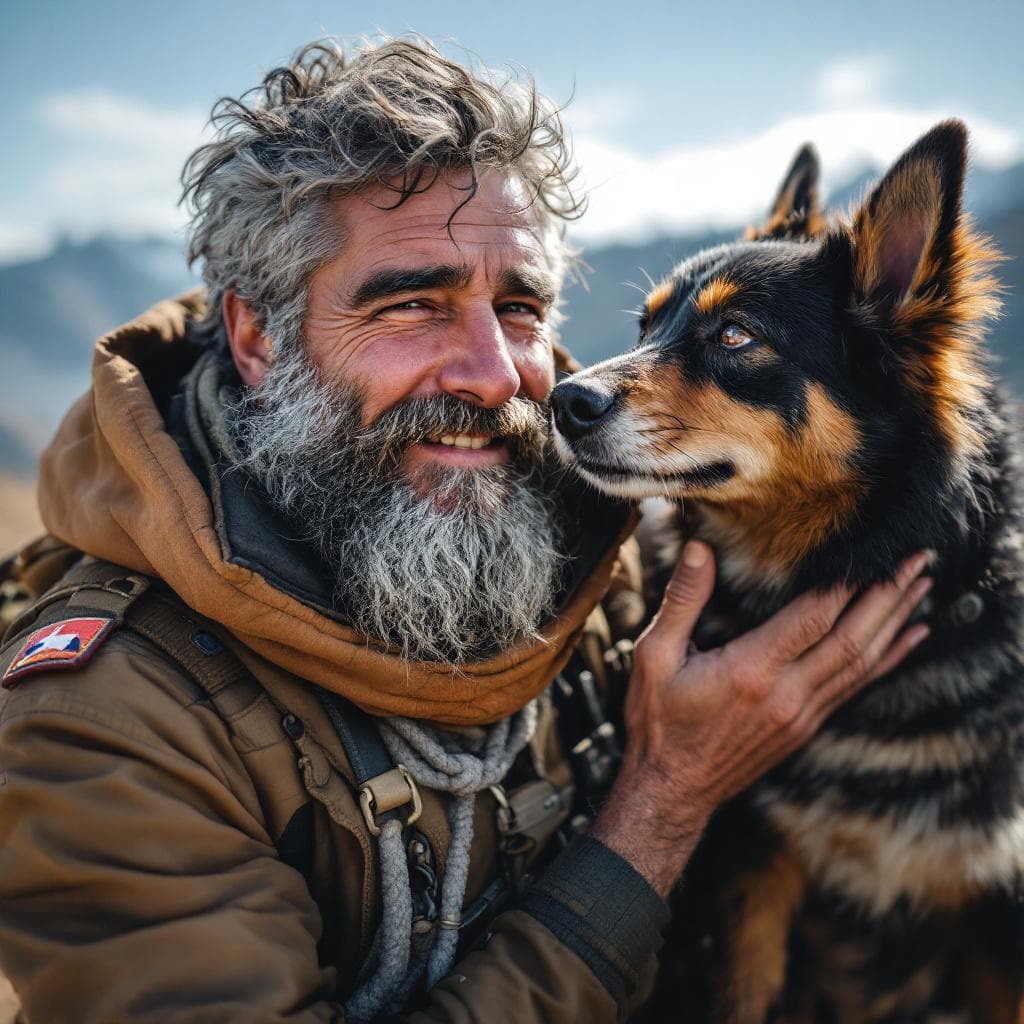 AI generated: magen de hombre de 38 años, militar chileno, fornido, pelo claro, ojos claros, tez clara, perro past...