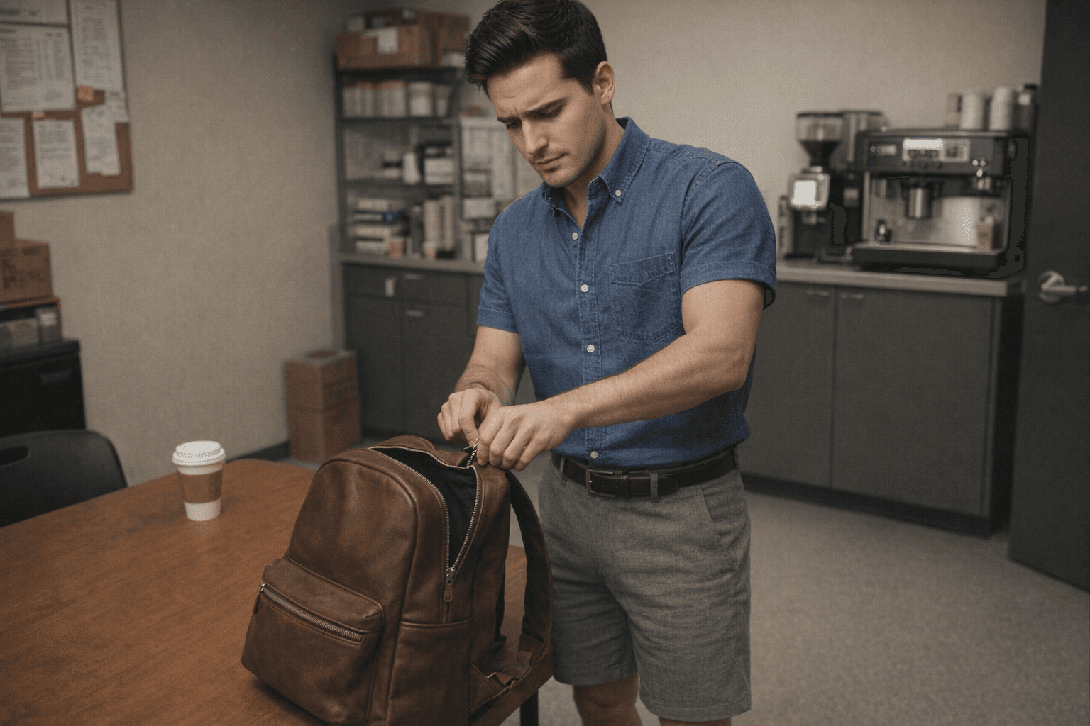 AI generated: The model is at a employees coffee shop back room. There is a table in the room. The model is standi...