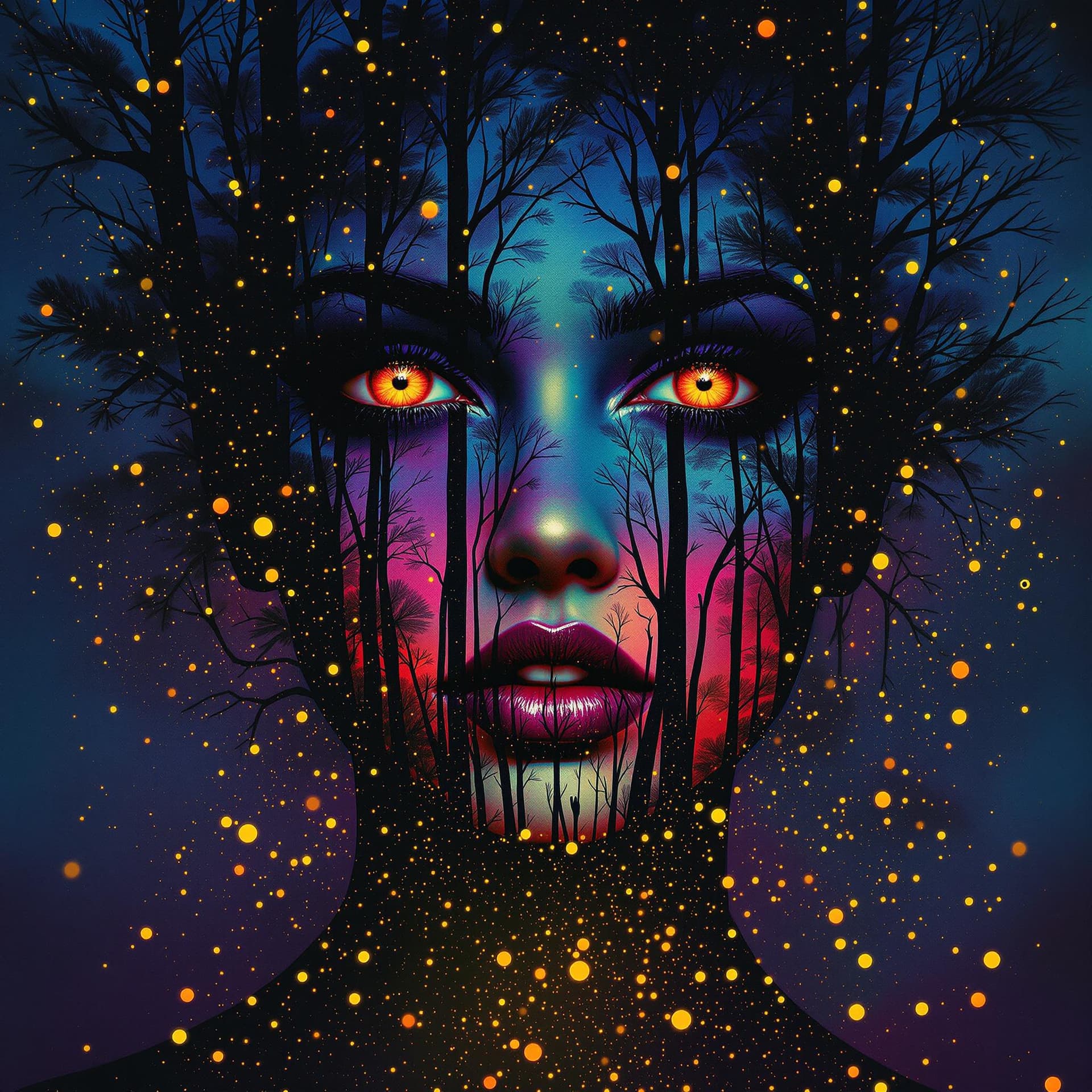 AI generated: A captivating abstract portrait of a woman's face that artfully blends her features with a nighttime...