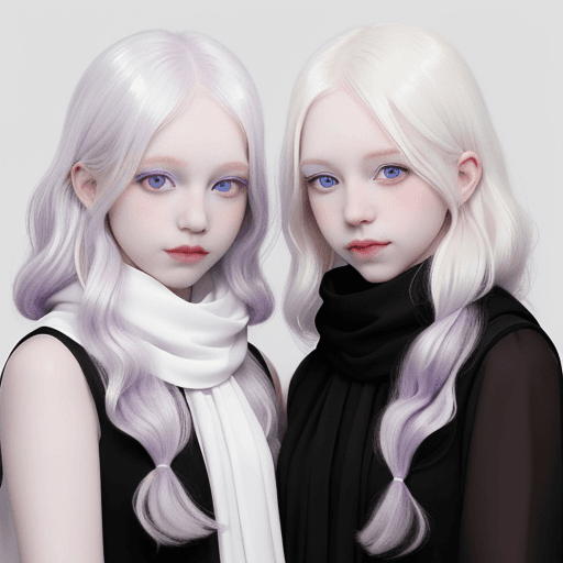AI generated: Albino twins, white wavy hair, pale skin, purple eyes, gray eyebrows and soft smiles. Black dresses....