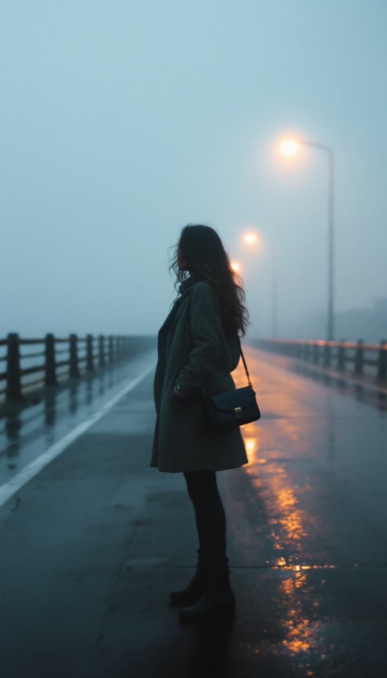AI generated: girl standing on a foggy pavement while holding her purse, in the style of yigal ozeri, video, beach...
