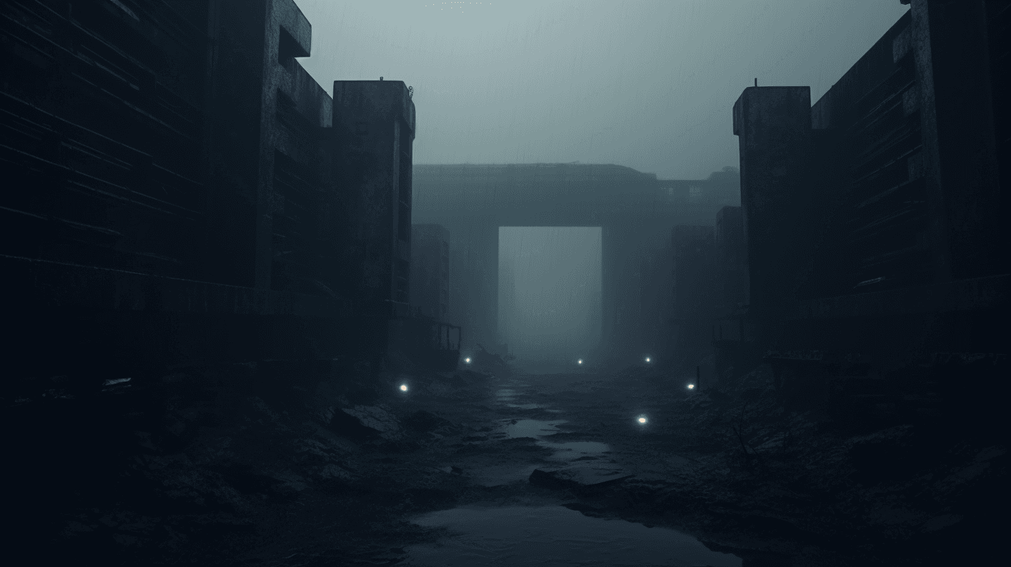 AI generated: "Dark foggy landscape, eerie unnatural light, abandoned distant structures, elongated shadows, cosmi...