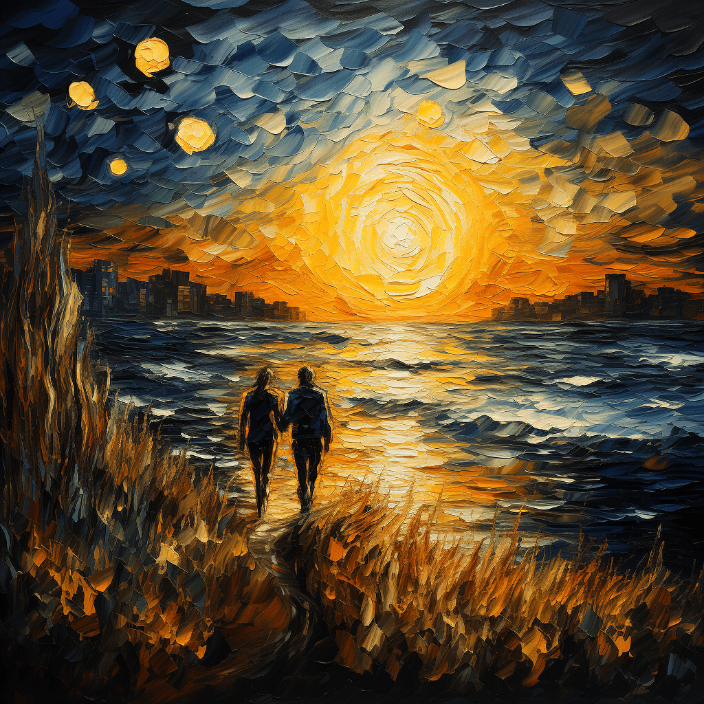 AI generated: painting depicting two people walking through a field of sunflowers, inspired by Vincent di Fate, tu...