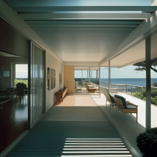 AI generated: Hyper realistic eye level exterior photo of a mid century modern style house overlooking the ocean, ...