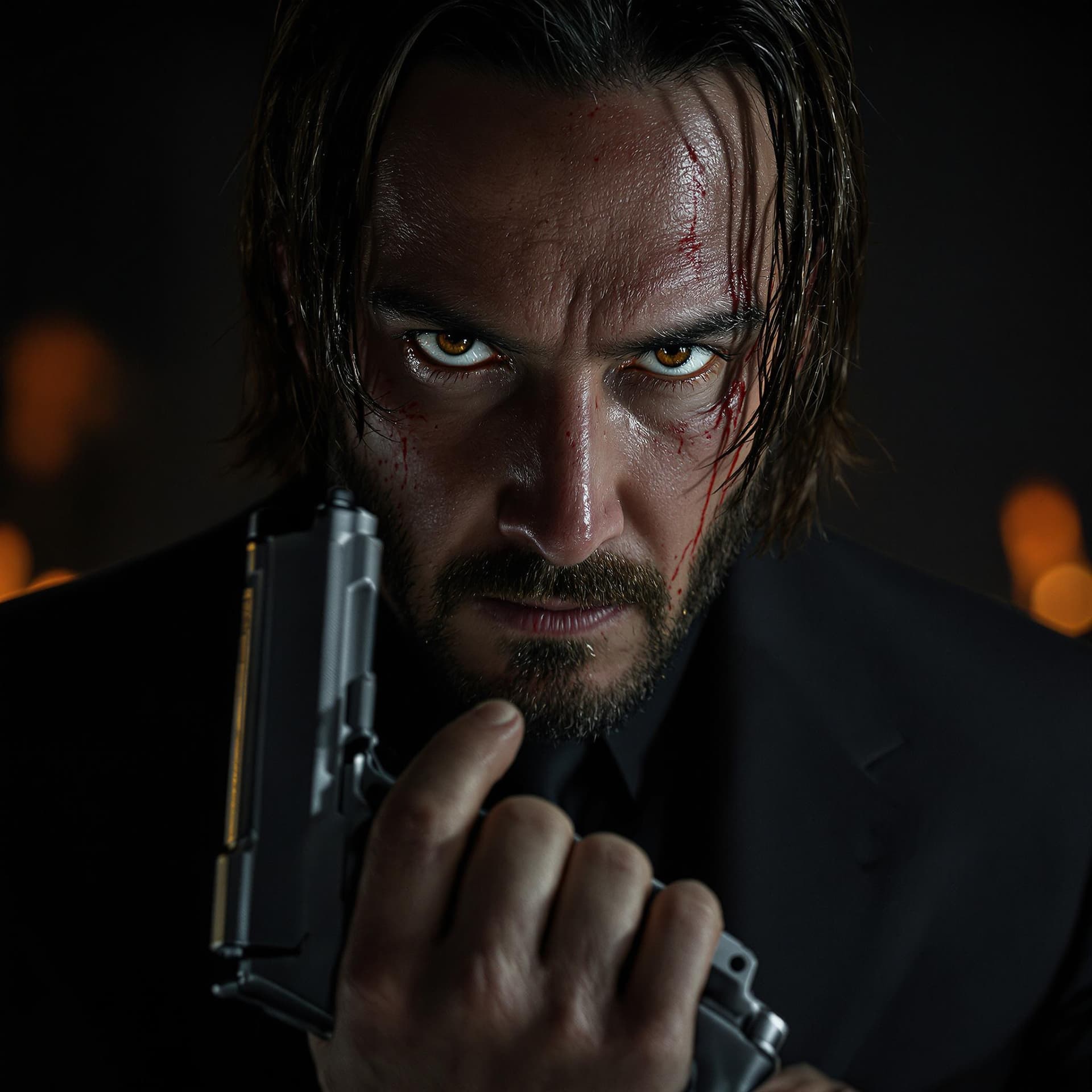 AI generated: A hyper-realistic close-up portrait of a deadly male assassin in a black tailored suit, inspired by ...