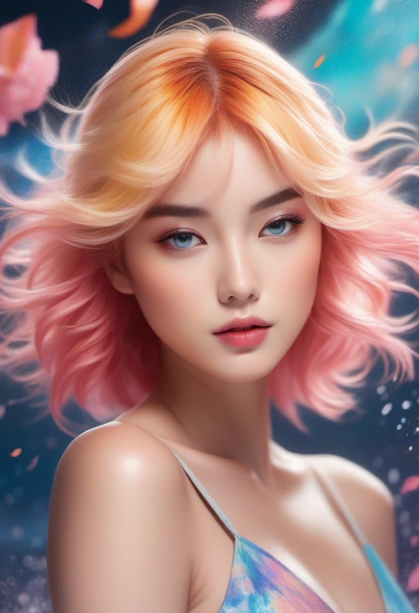 AI generated: (ukiyo-e style) portrait of a cute blonde redhead girl, makeup, explosion of liquid splash colored p...