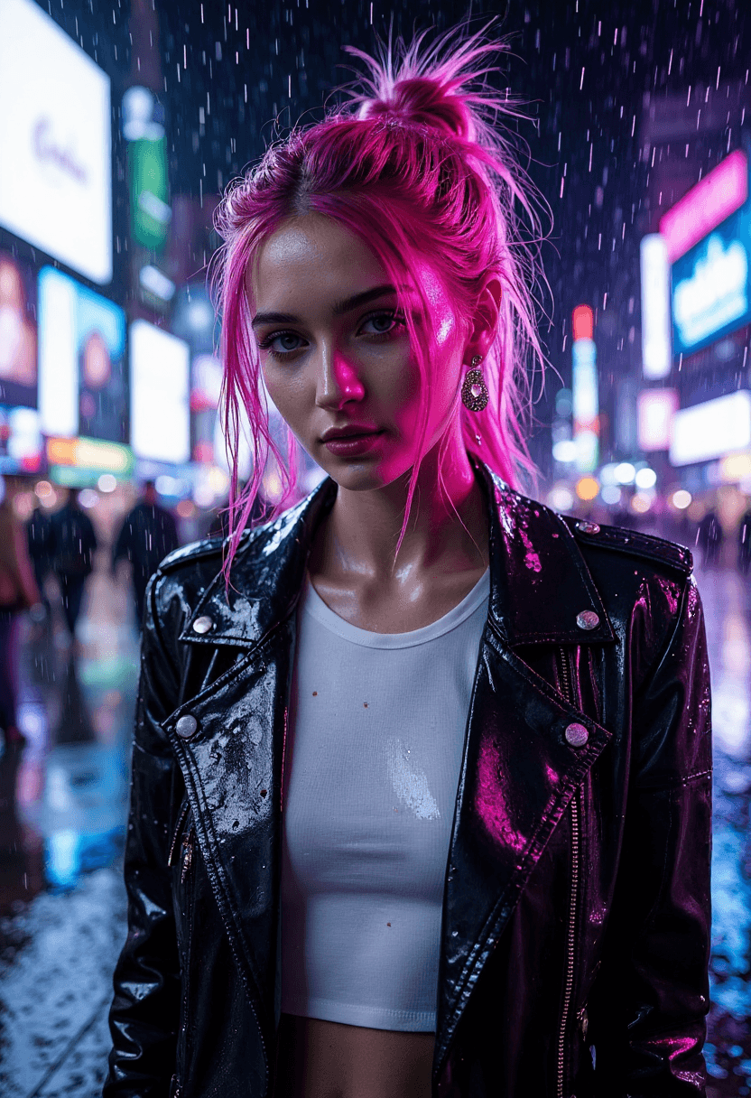 AI generated: A striking young woman stands resolute against the downpour-soaked cityscape, her vibrant presence a...