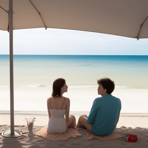 AI generated: on the beach sitting couple seeing sea 