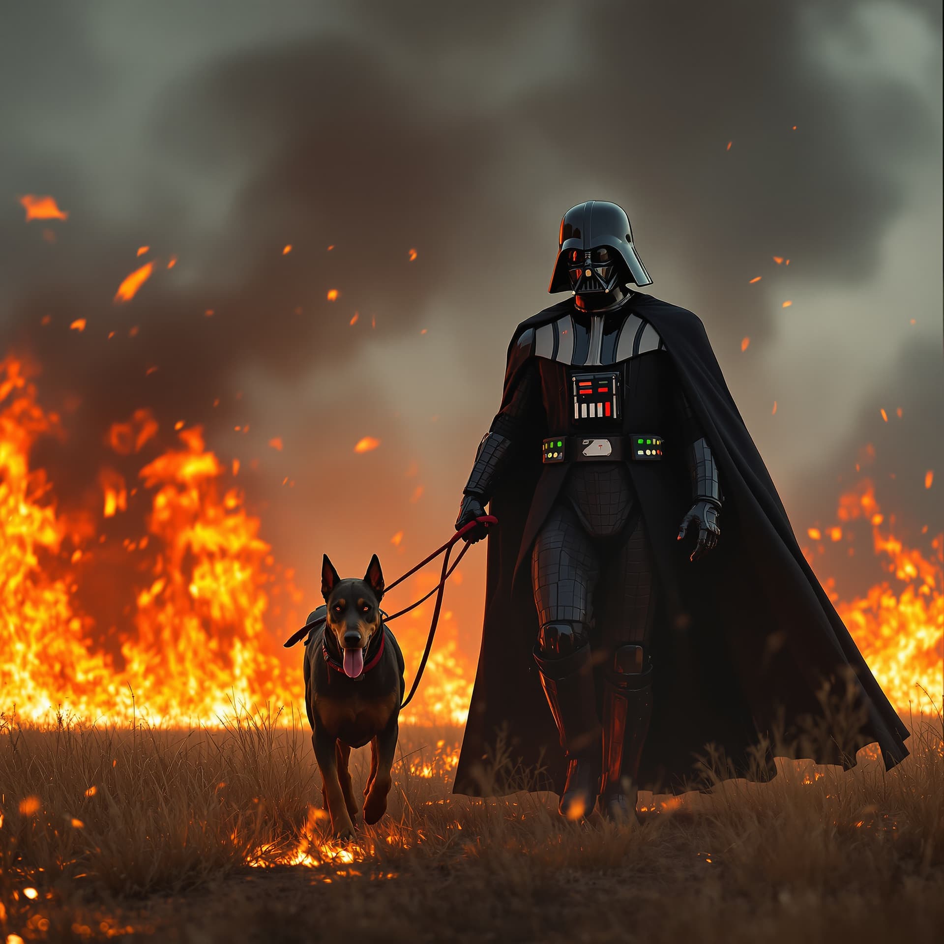 AI generated:  close up of darth Vader and his dog walking through a field of fire, marche impériale, hd star wars...