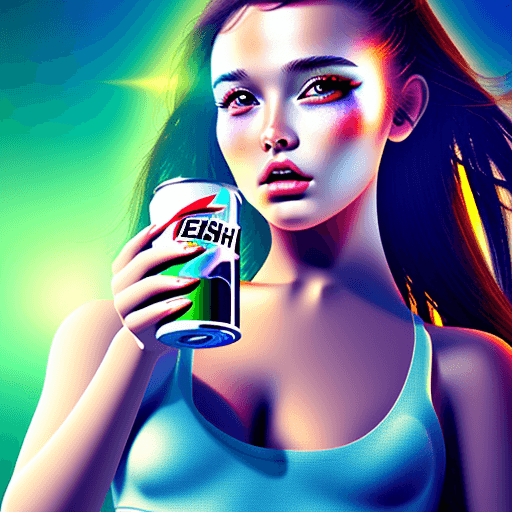AI generated: portrait cute girl in the image of energy drink "flash" hi-tech style photorealistic 4k