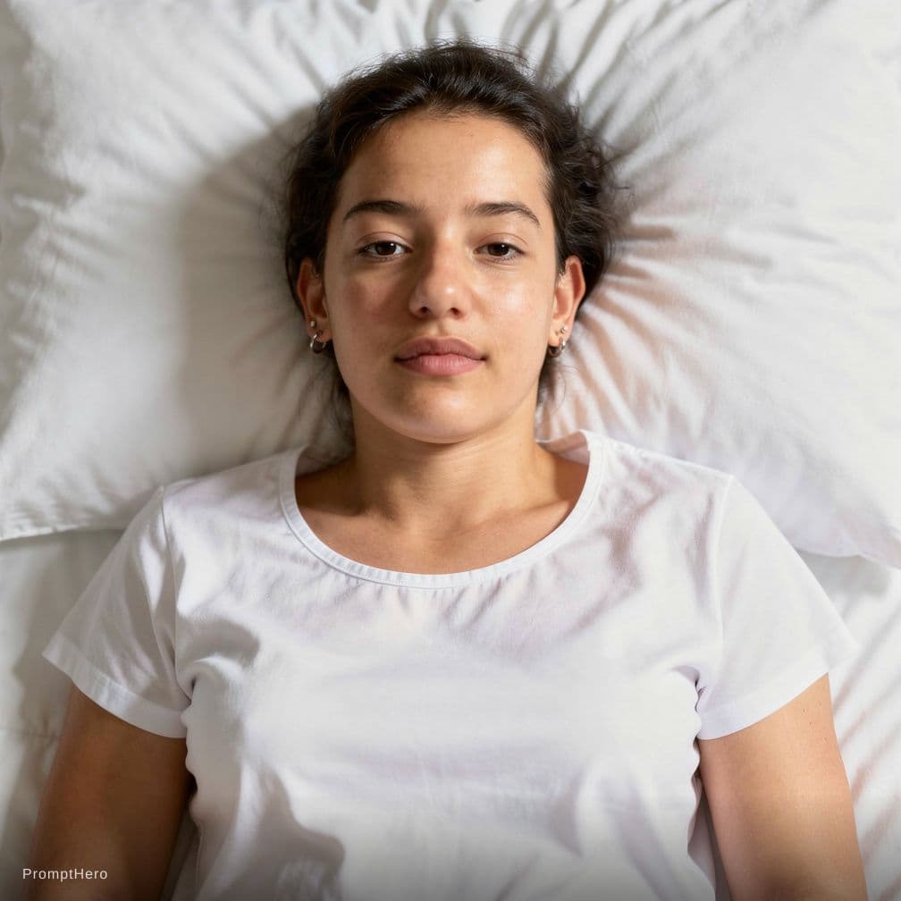 AI generated: Create a high-resolution photograph of a fit adult woman lying on her back in a bed covered with pri...