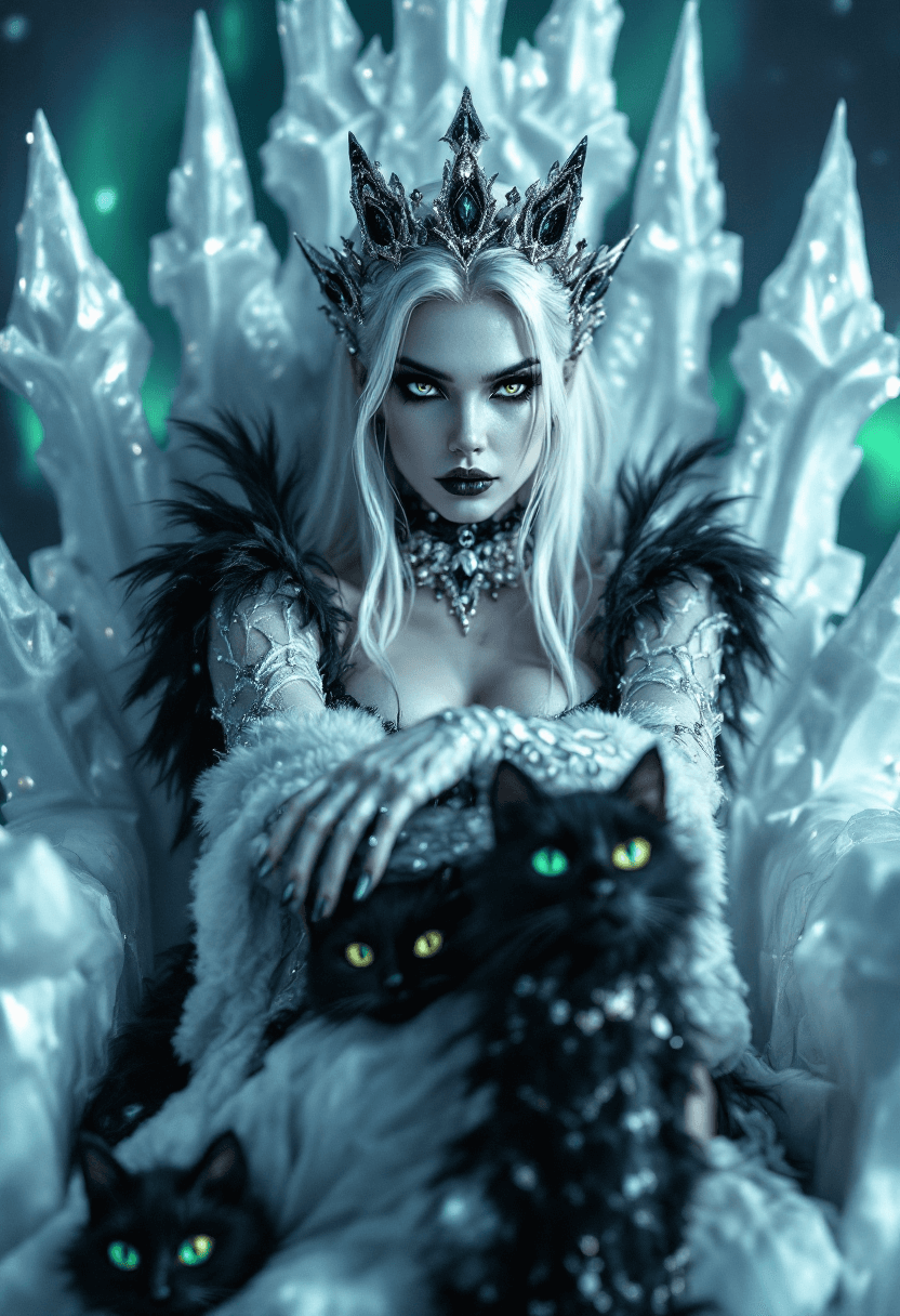 AI generated:  4K, magazine photo shoot quality image of a beautiful 23-year-old platinum blonde ice witch with pi...