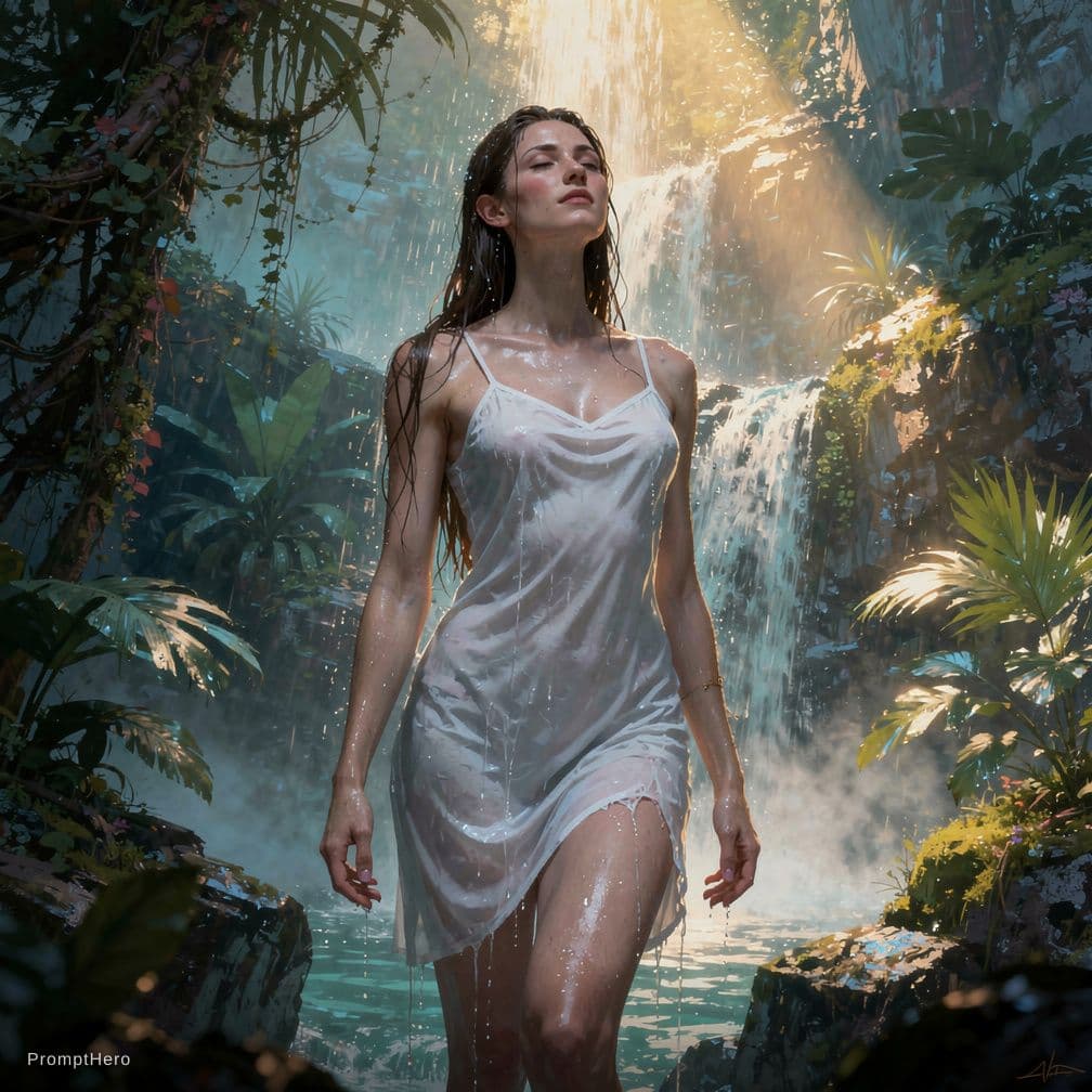 AI generated: A beautiful, tall, Germanic female with long, wet, dark brown hair, a slightly turned up nose and wi...