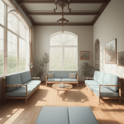 AI generated: High resolution photography interior design, dreamy sunken living room conversation pit, wooden floo...