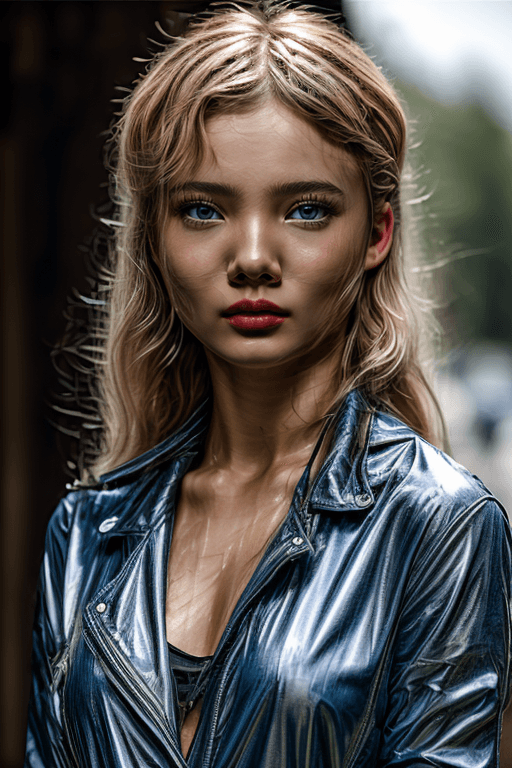 AI generated: (sks woman), wet, raining, under rain, wet hair, wet skin, (highly detailed skin texture, healthy sk...