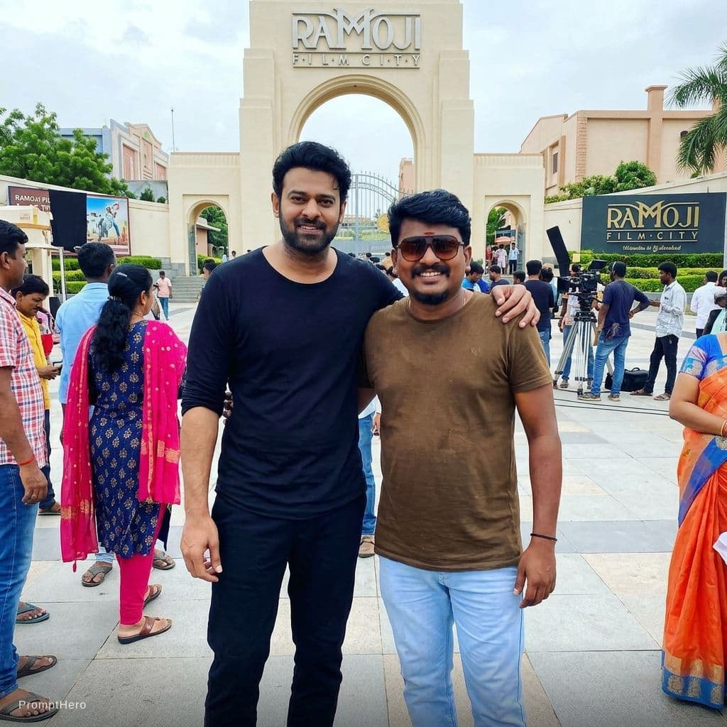 AI generated: Create an image using prompt hero with my favorite hero prabhas at ramoji film City of Hyderabad 