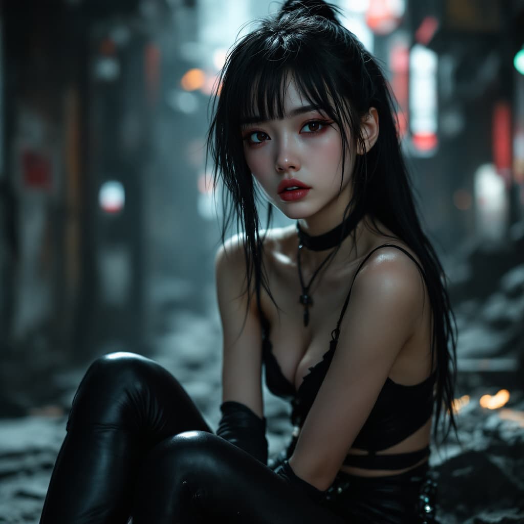 AI generated: Gorgeous 18 years dystopian Japanese  girl wearing  dystopian cyberpunk  punk emo camisole  and blac...