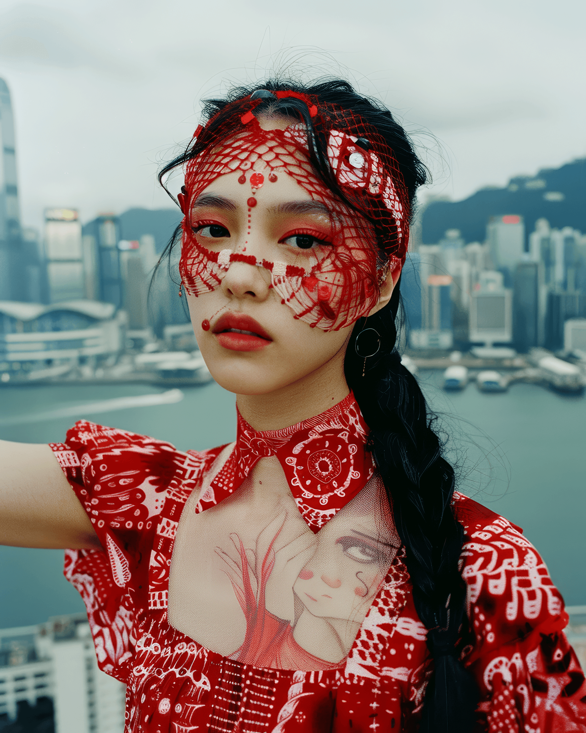 AI generated: yi yin in hongkong for hanson magazine, in the style of futuristic contraptions, red threads, over, ...