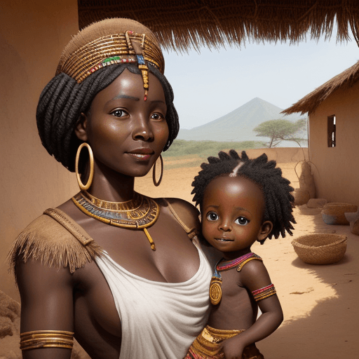 AI generated: Goddess  African woman scavenging flour according to local tradition with her child on her back, in ...