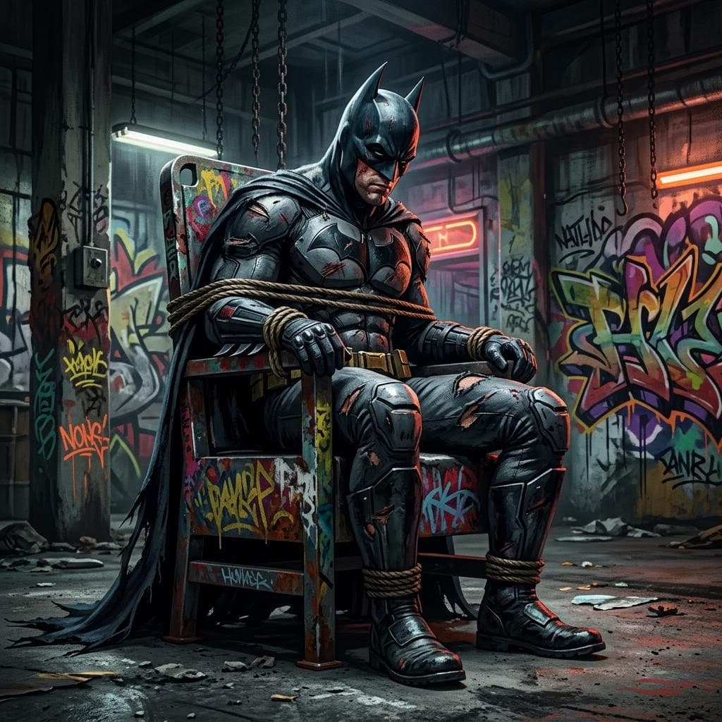 AI generated: a full body pov 3d illustration of a bruised and battered Batman is tied to a chair, there are rips ...