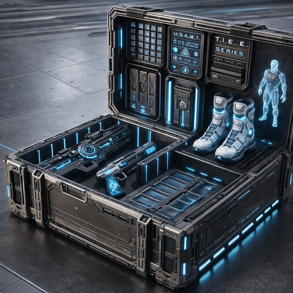 AI generated: The reference image is my doubled-length weapon and gear crate. Create an image with the lid open li...