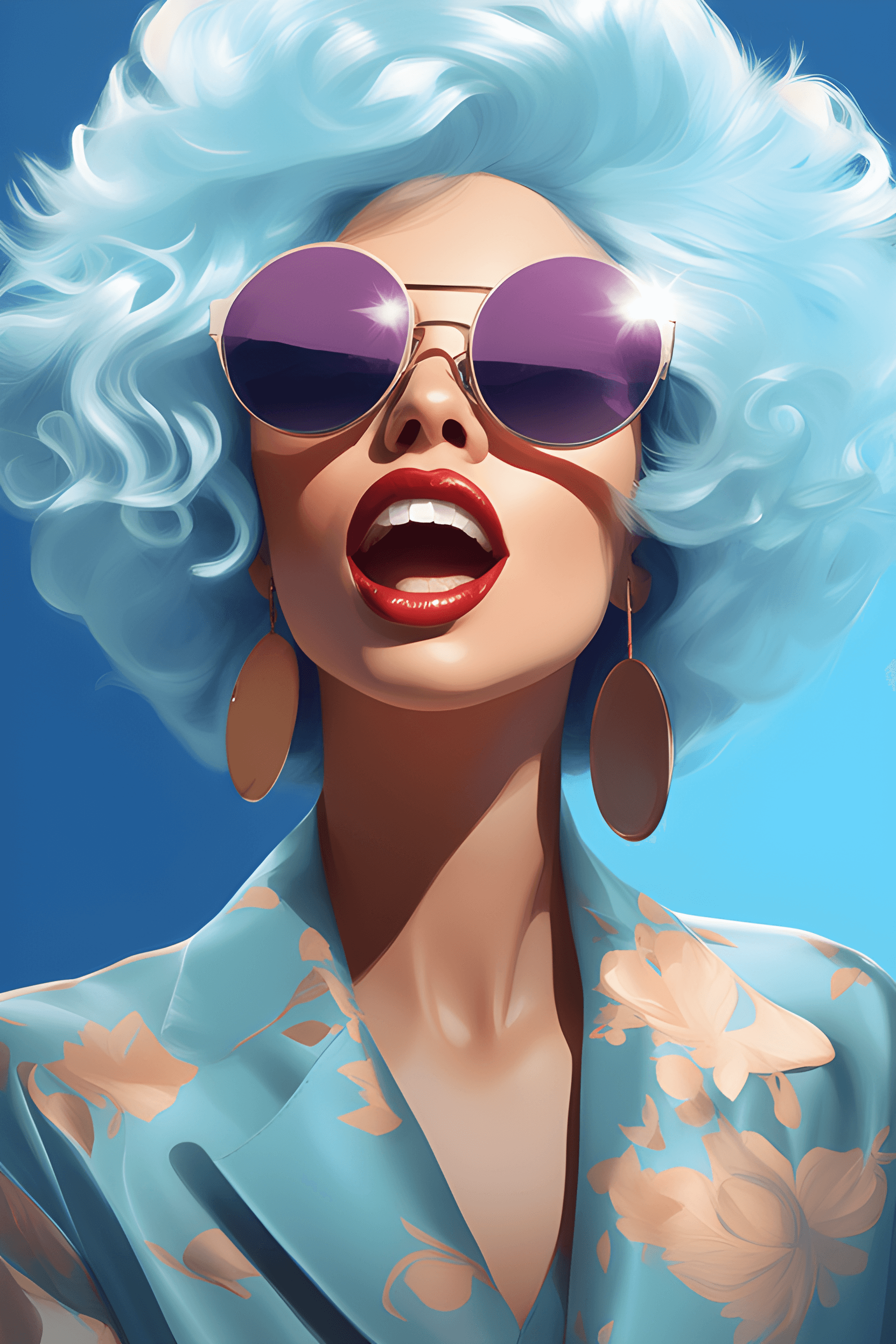 AI generated: a close up of a woman with a blue wig and sunglasses, stunning digital illustration, in style of dig...