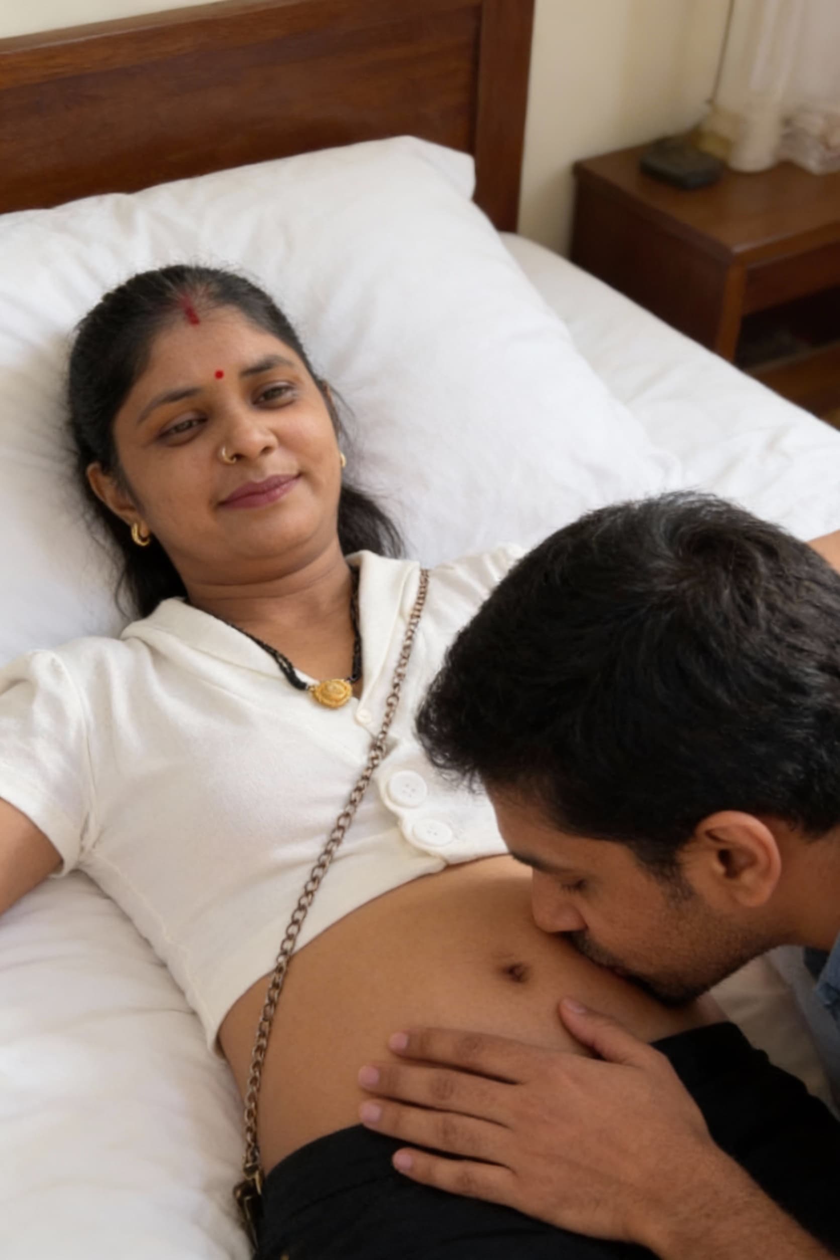 AI generated: The woman lying on bed and man kiss The woman bellybutton