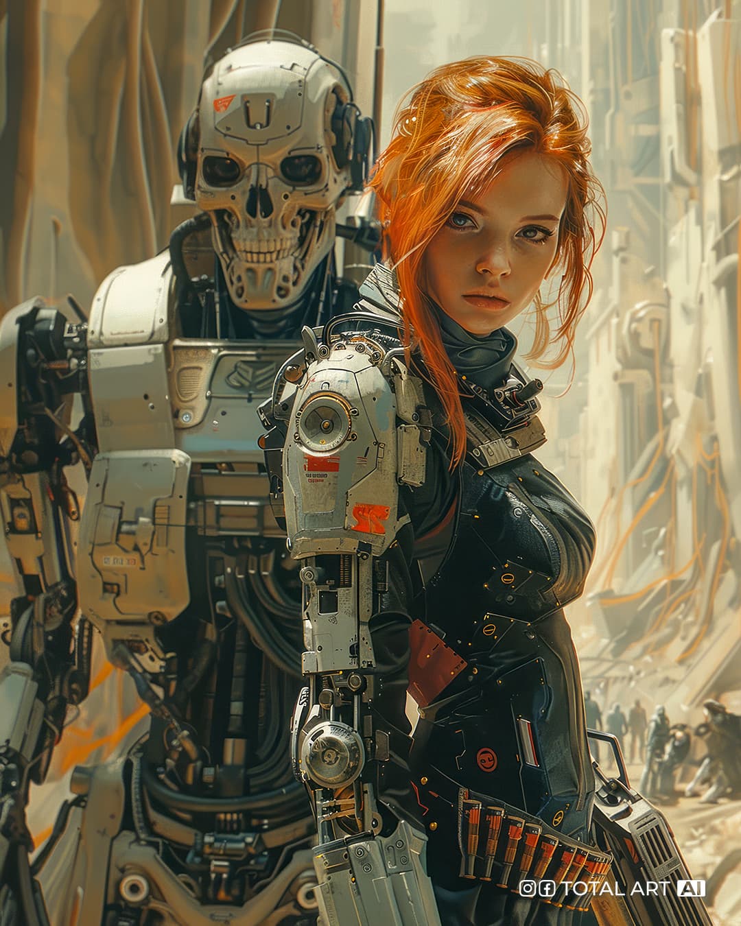 AI generated: Theo Chiro's linear illustration, beauty European female cyborg warrior stands straight and looks at...