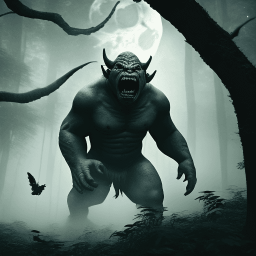AI generated: Cinematic,hyper detailed photograph shot of an orc flyng through a foggy jungle in a full moon night...