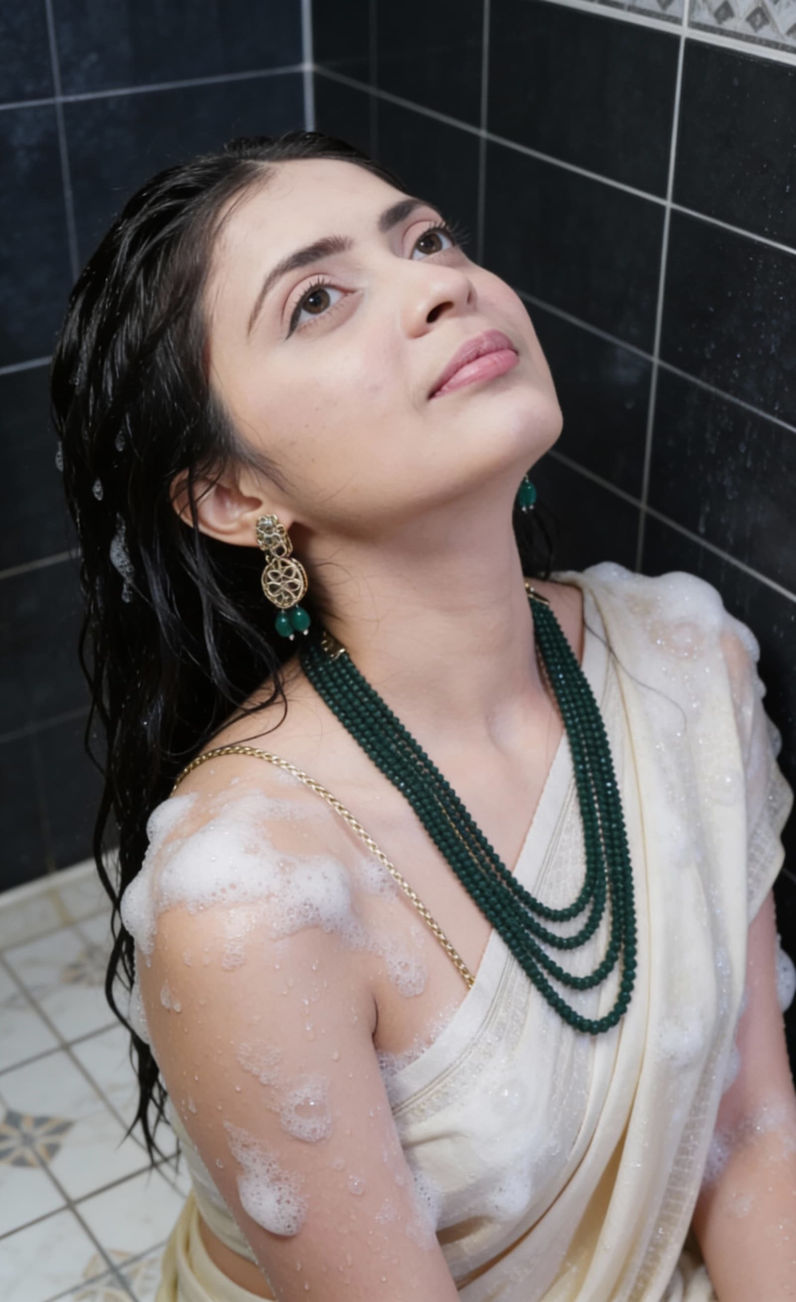 AI generated: The image shows an adult woman in a tiled shower area. She is wet and covered with soap suds across ...