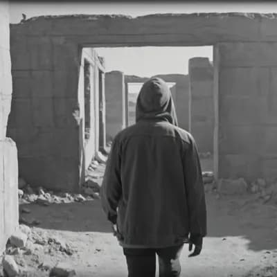 AI generated video: 70mm film interrupted by violent algorithmic tearing. High-contrast monochrome wasteland experiencin...