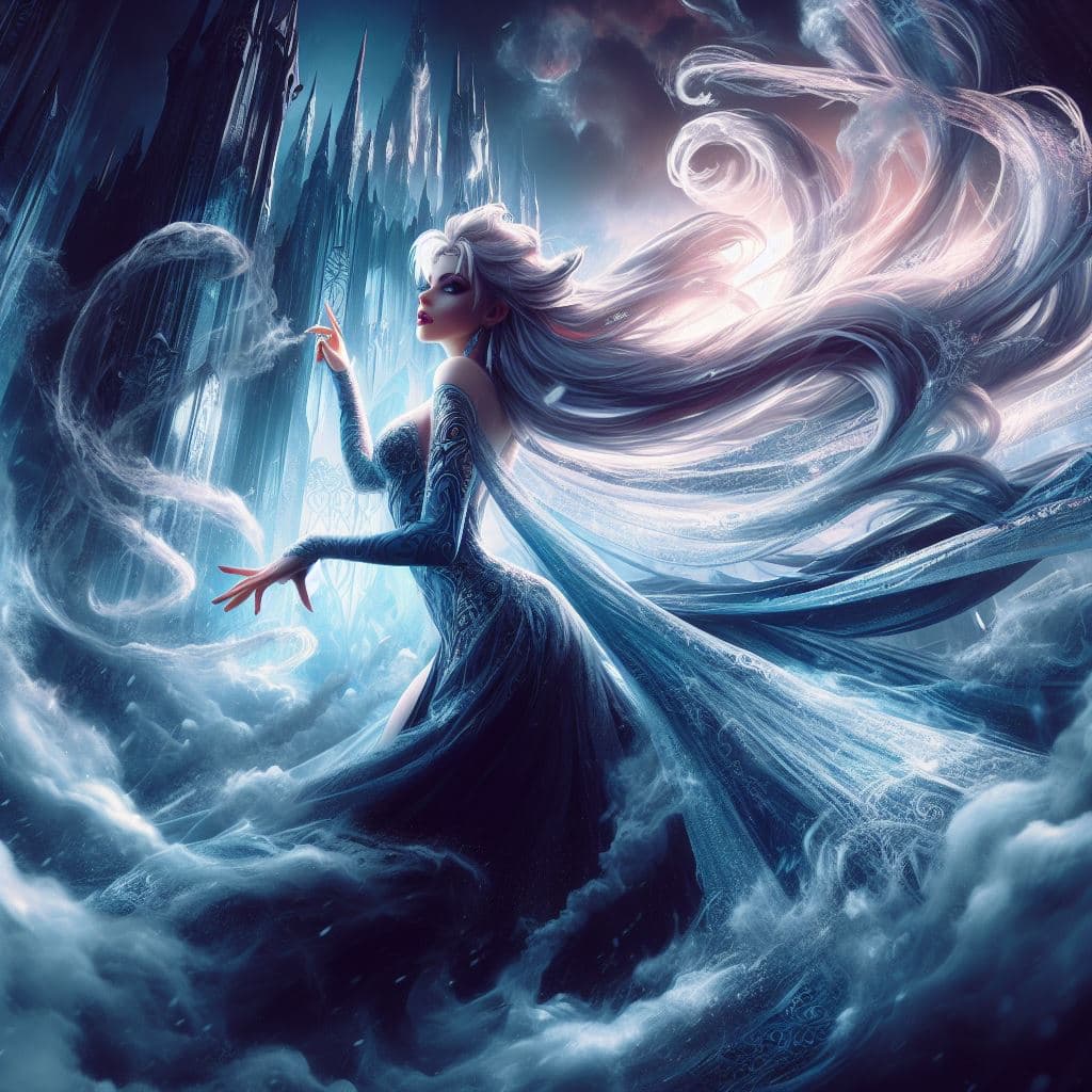 AI generated: a badass female character looking like Elsa from Frozen dancing gracefully, long windblown hair and ...