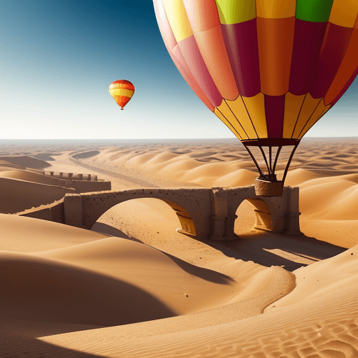 AI generated: image of a transparent balloon over a sand desert, inside the balloon a Roman bridge, all with a hyp...