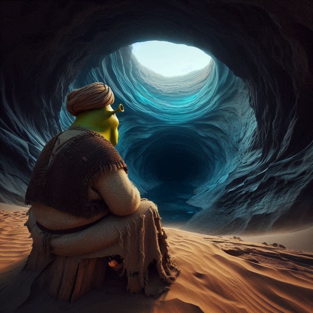 AI generated: vista completa y panorámica: vista despaldas de Shrek con un turbante viejo y roto de color marrón, ...
