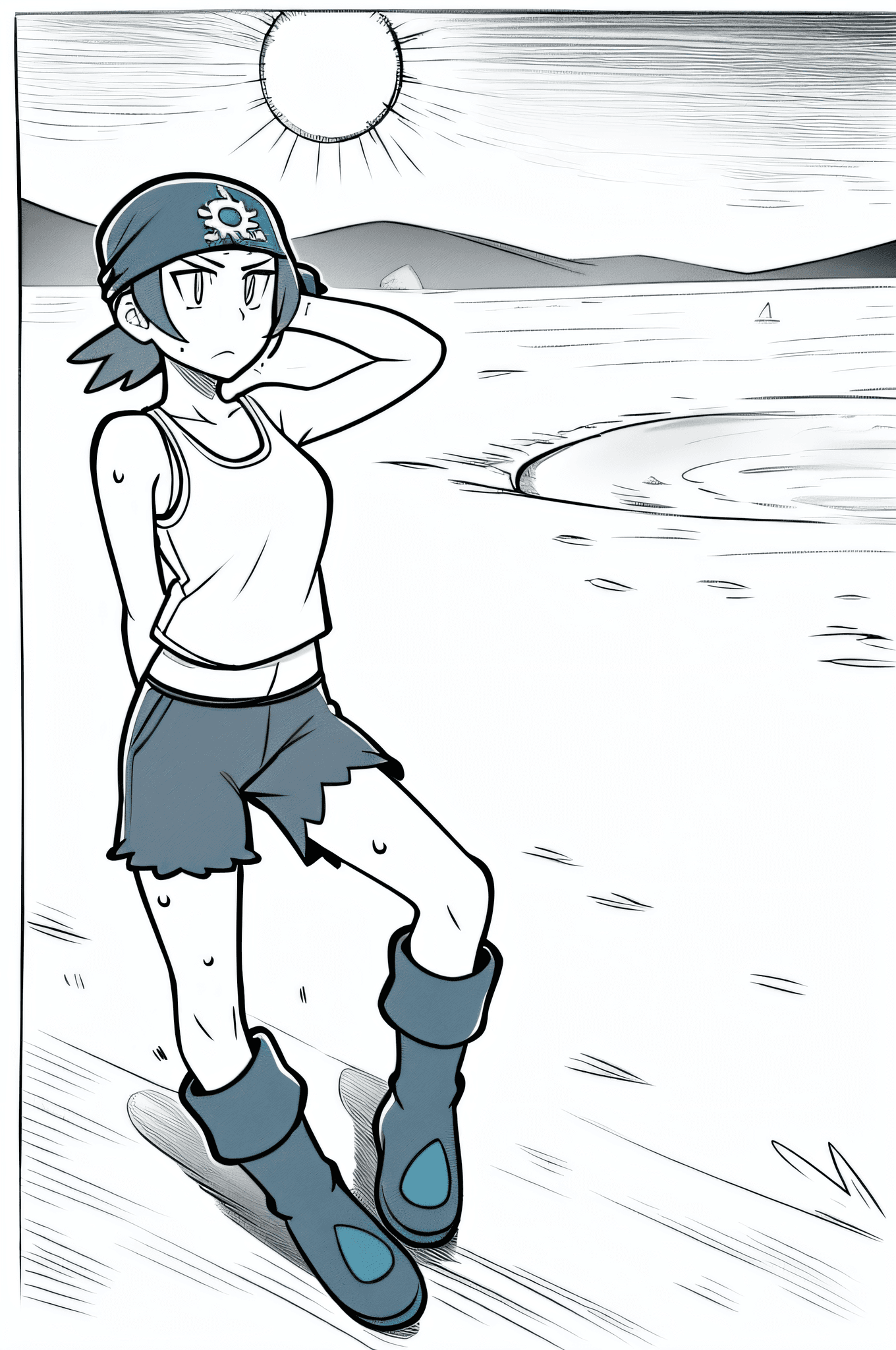 AI generated: anime lineart, masterpiece, best quality, pkmntag, bandana, white tank top, black shorts, blue boots...