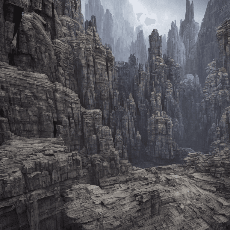 AI generated: stunning city of stone inside a gray granite canyon, fusion of star wars and gothic revival architec...