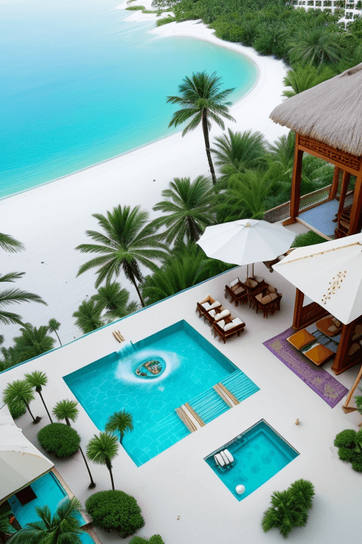 AI generated: Luxuriousness arabian style beach resort hotel, aerial view, on the coast, white sandy beach,  bunga...