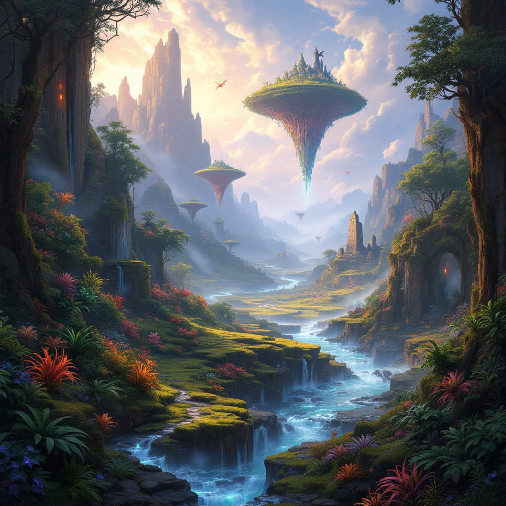 AI generated: A fantastical, mysterious landscape set in an ancient, magical world. The terrain is a mix of lush, ...
