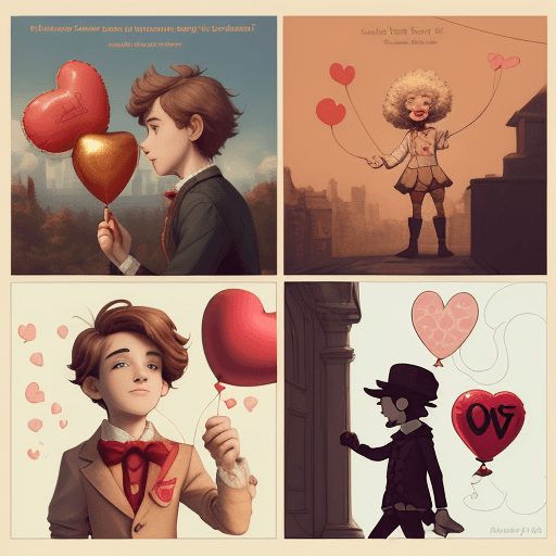 AI generated: a poster depicts a boy holding a heart shaped balloon, in the style of sketchfab, poodlepunk, warm t...