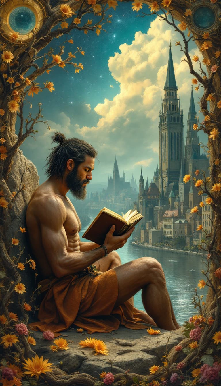 AI generated: The position of the book in the hands of a primitive man is a sign of human development
City and riv...