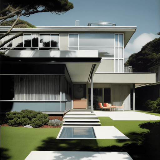 AI generated: Hyper realistic eye level exterior photo of a mid century modern style house overlooking the ocean, ...