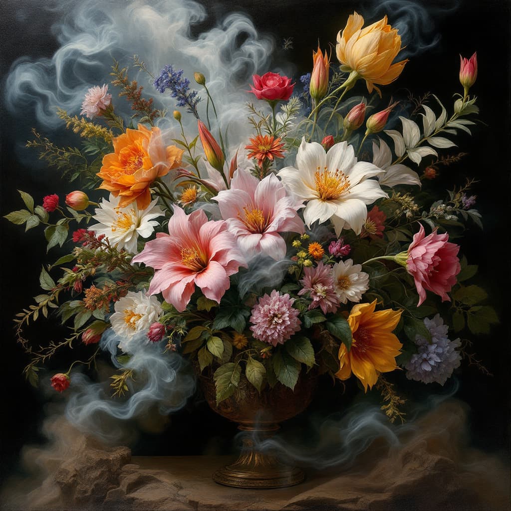 AI generated: 16th-century tropical flower bouquet opening, liquid smoke fractals, elegant botany, dynamic movemen...